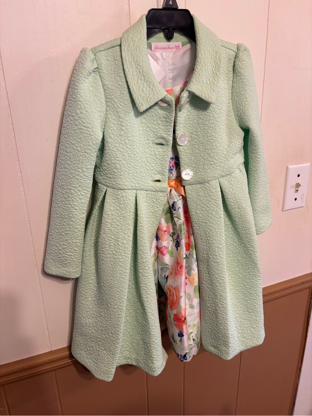 Bonnie Jean Girls' Mint Green Textured Coat with Floral Dress